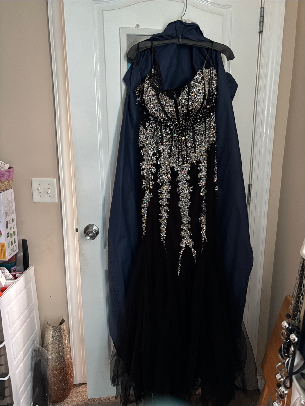 Black Beaded Evening Gown with Navy Cape